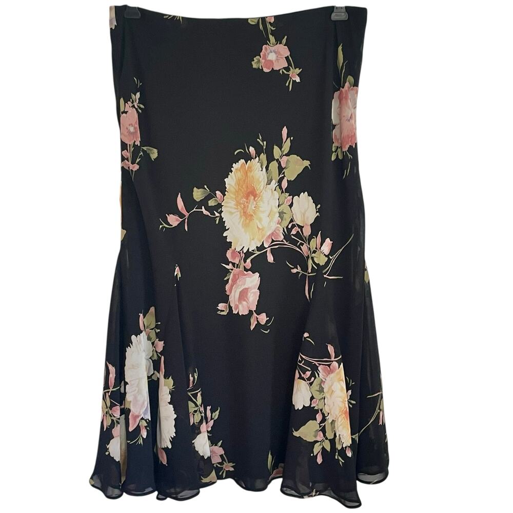 Chaps Dark Floral Chiffon Midi Skirt Flare Size M Pull On‎ Romantic Fairy Grunge